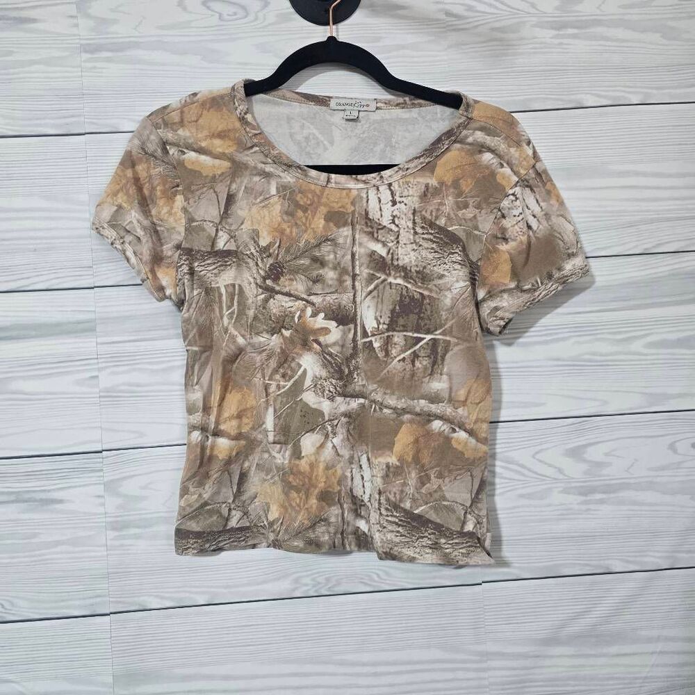 Orange Kiss Camo Babydoll Crop Top Large Trendy Streetwear Outdoor Woodland